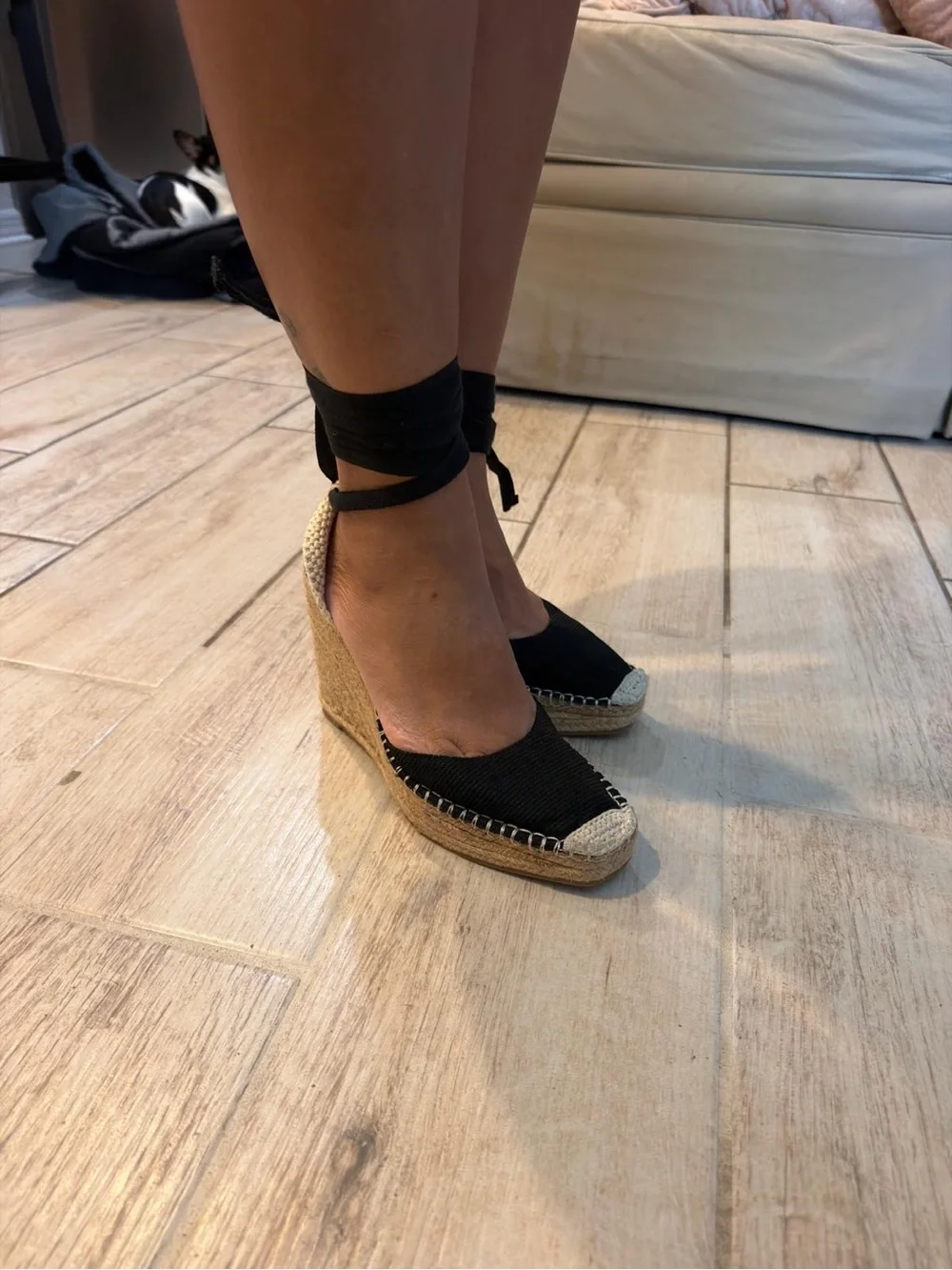 Zara Black Espadrille Wedge Sandals with Natural Trim size 7.5